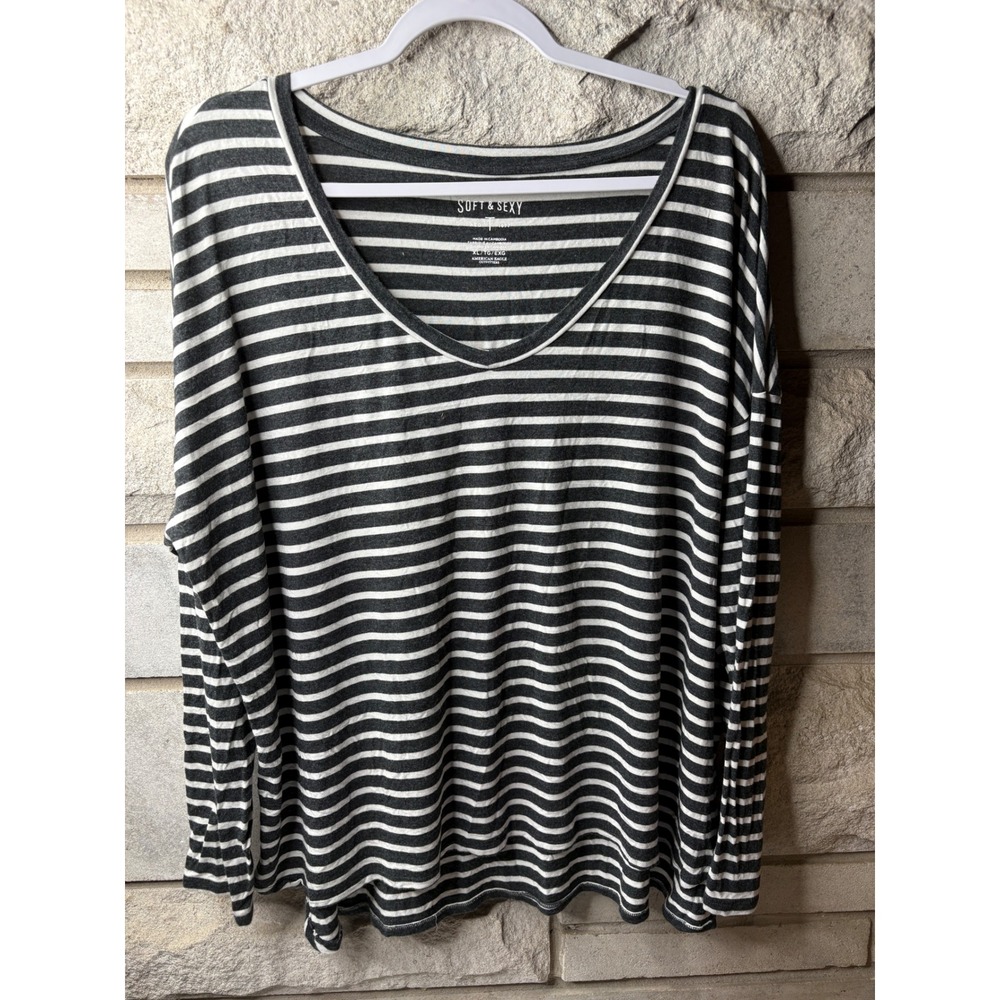 American Eagle Soft & Sexy Striped V-Neck Long Sleeve Top Charcoal Grey White XL